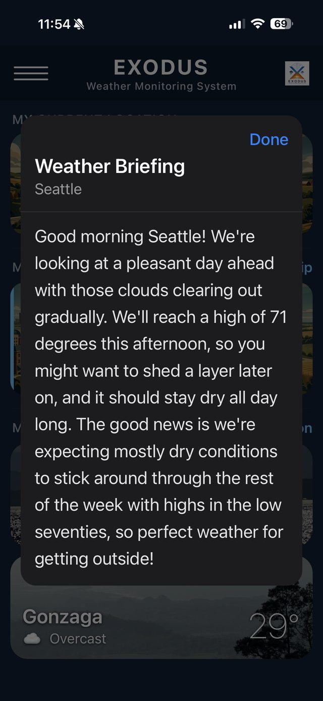 Exodus AI weather briefing with a plain-English daily summary