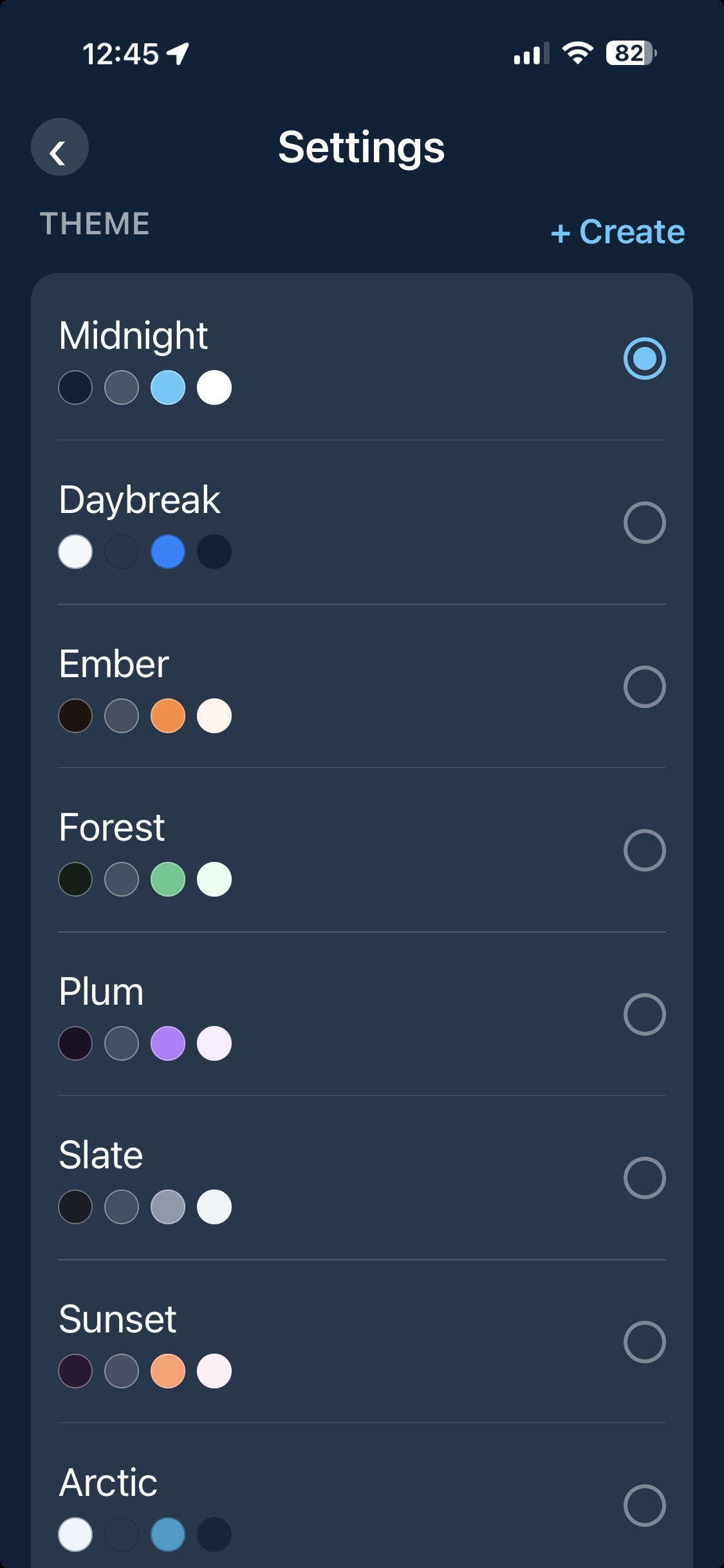 Exodus theme picker showing Midnight, Daybreak, Ember, Forest, Plum, Slate, Sunset and Arctic color themes