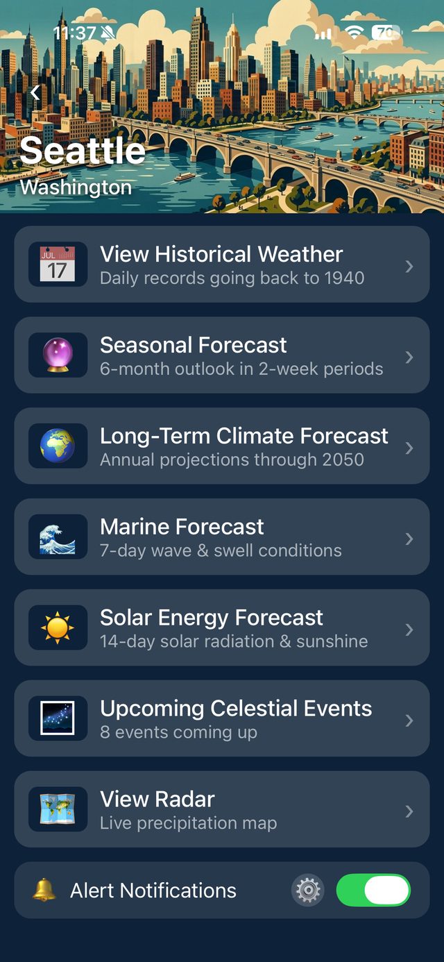 Exodus advanced forecasts menu: historical, seasonal, climate, marine, solar, celestial, radar