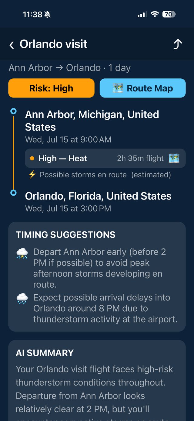 Exodus travel weather assistant showing route risk and timing suggestions